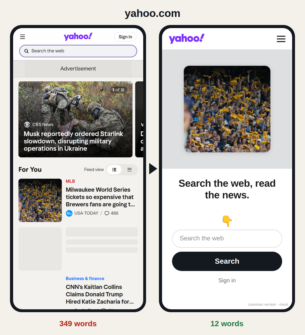 yahoo.com before and after: 349 words become 12