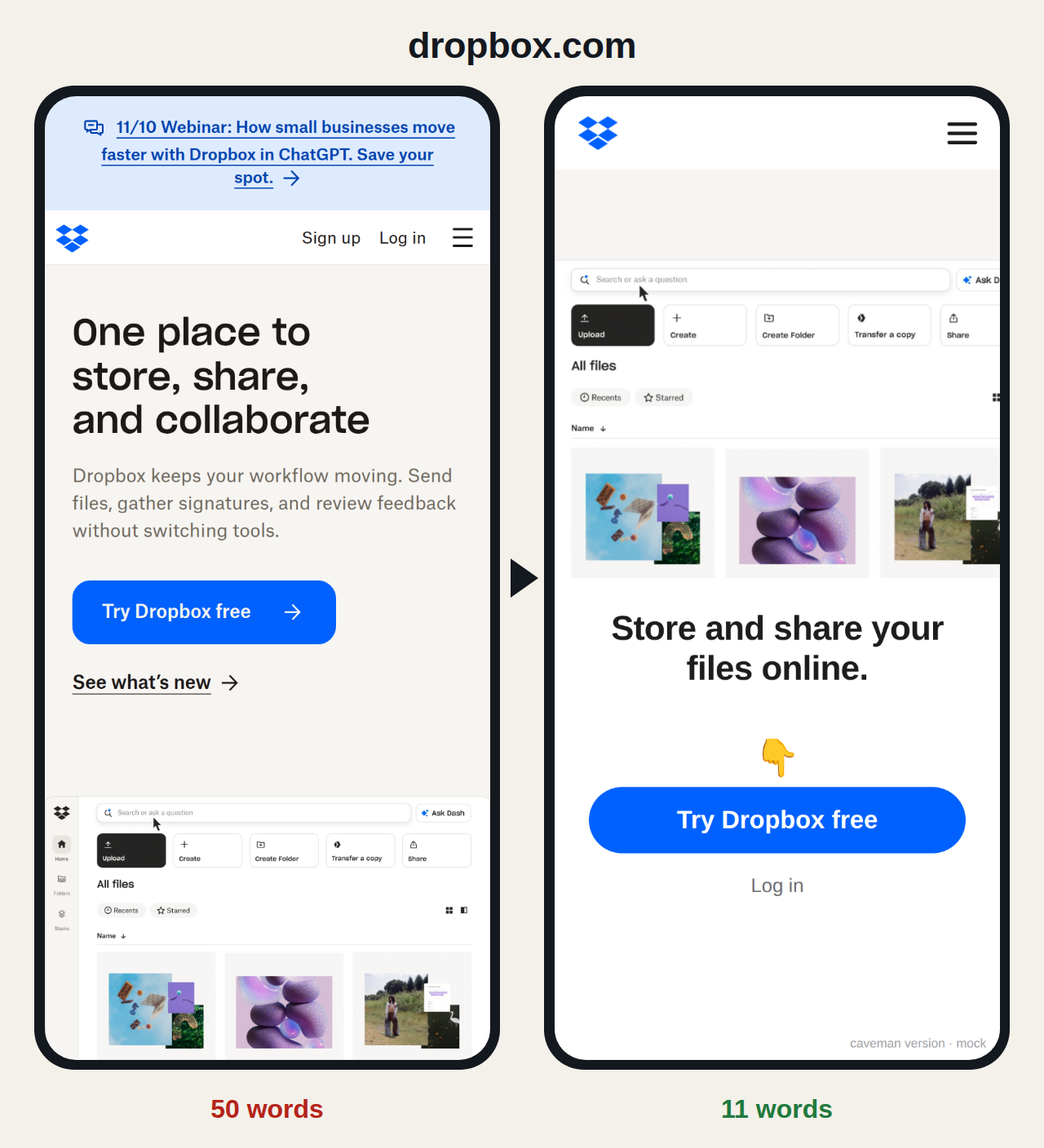 dropbox.com before and after: 50 words become 11
