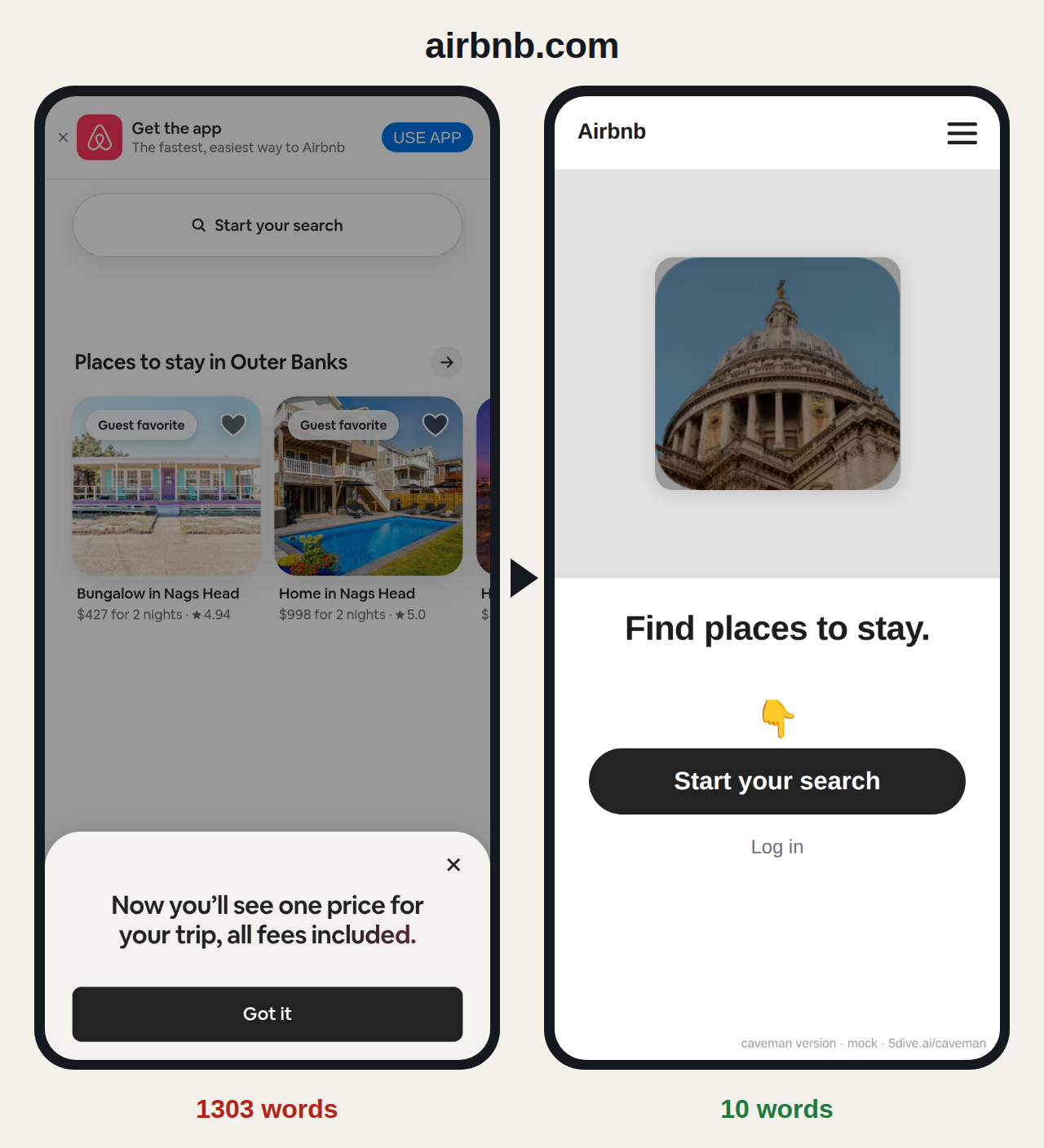 airbnb.com before and after: 1303 words become 10