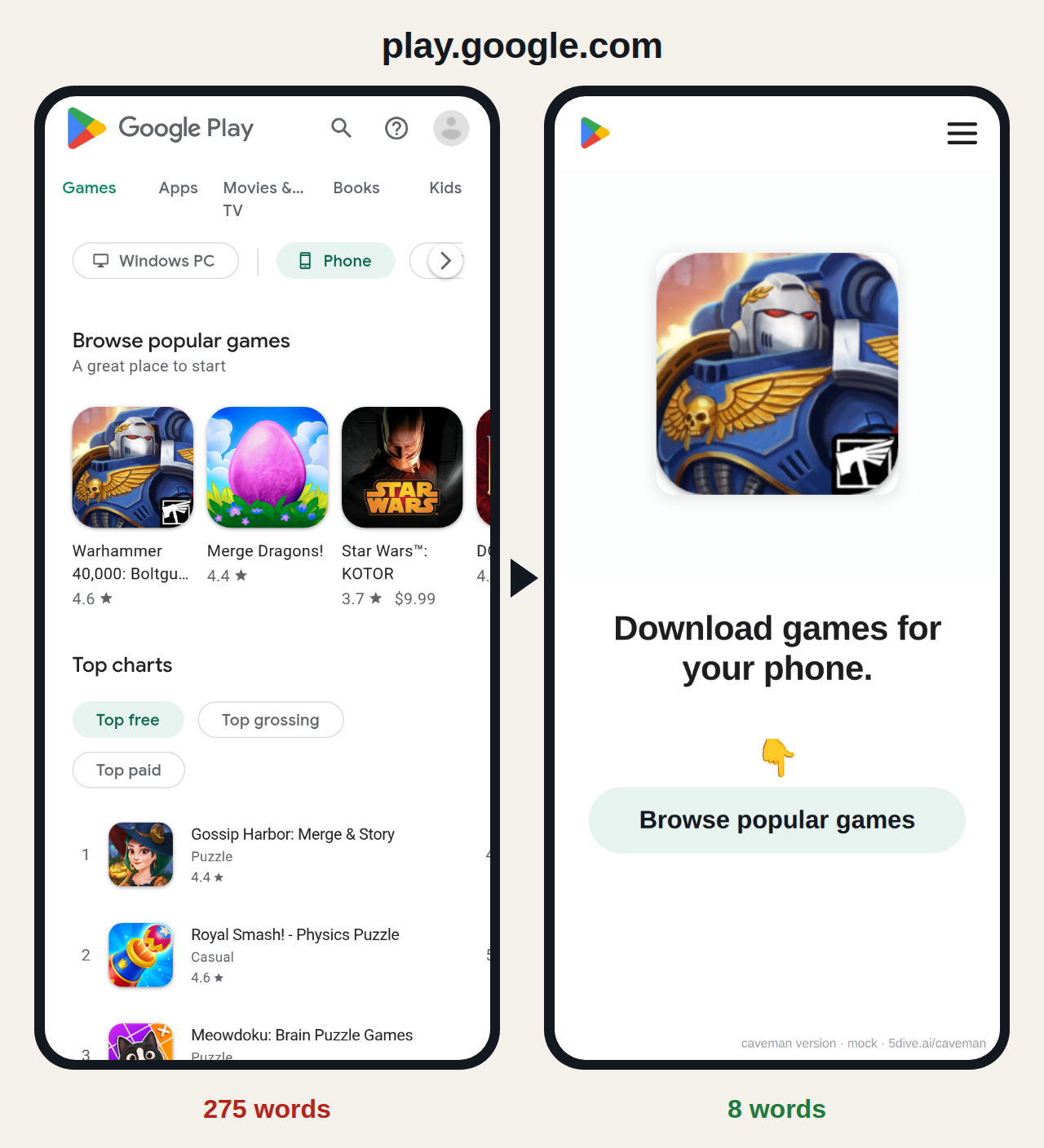 play.google.com before and after: 275 words become 8