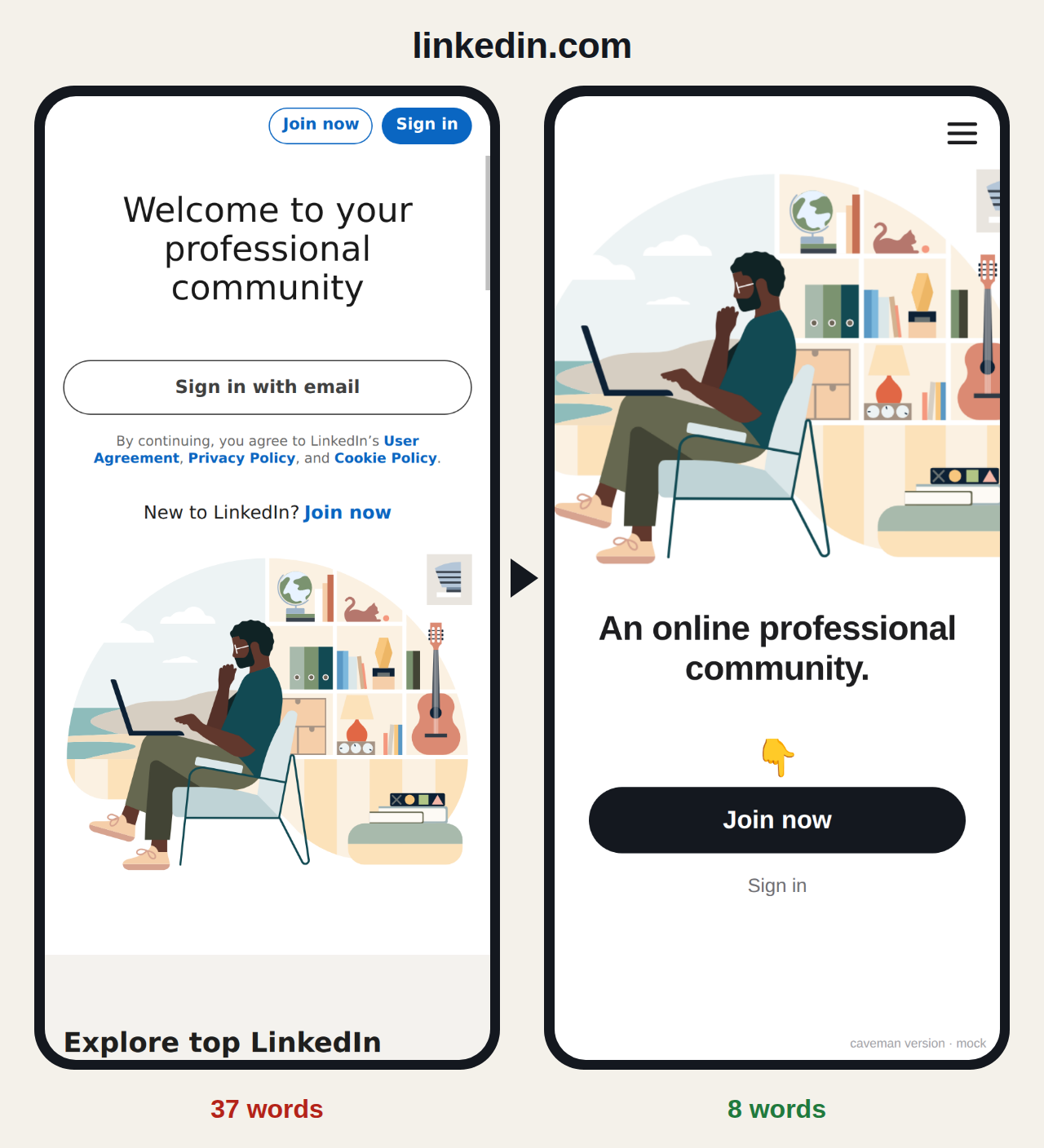 linkedin.com before and after: 37 words become 8