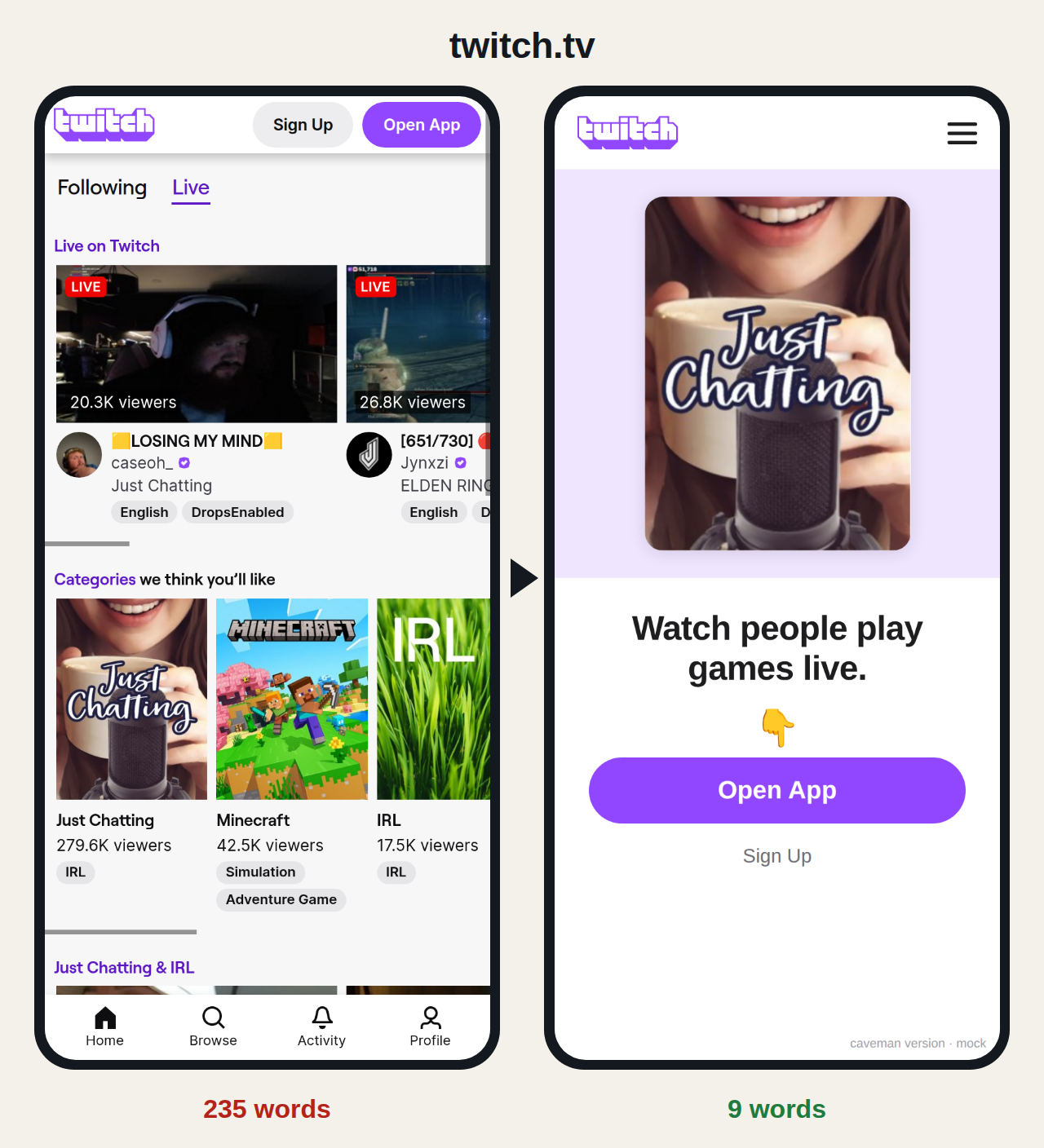 twitch.tv before and after: 235 words become 9