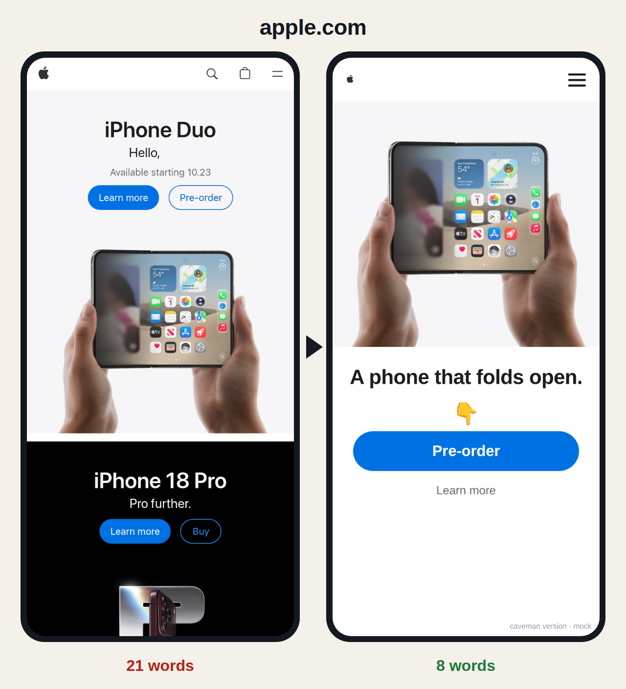 apple.com before and after: 21 words become 8